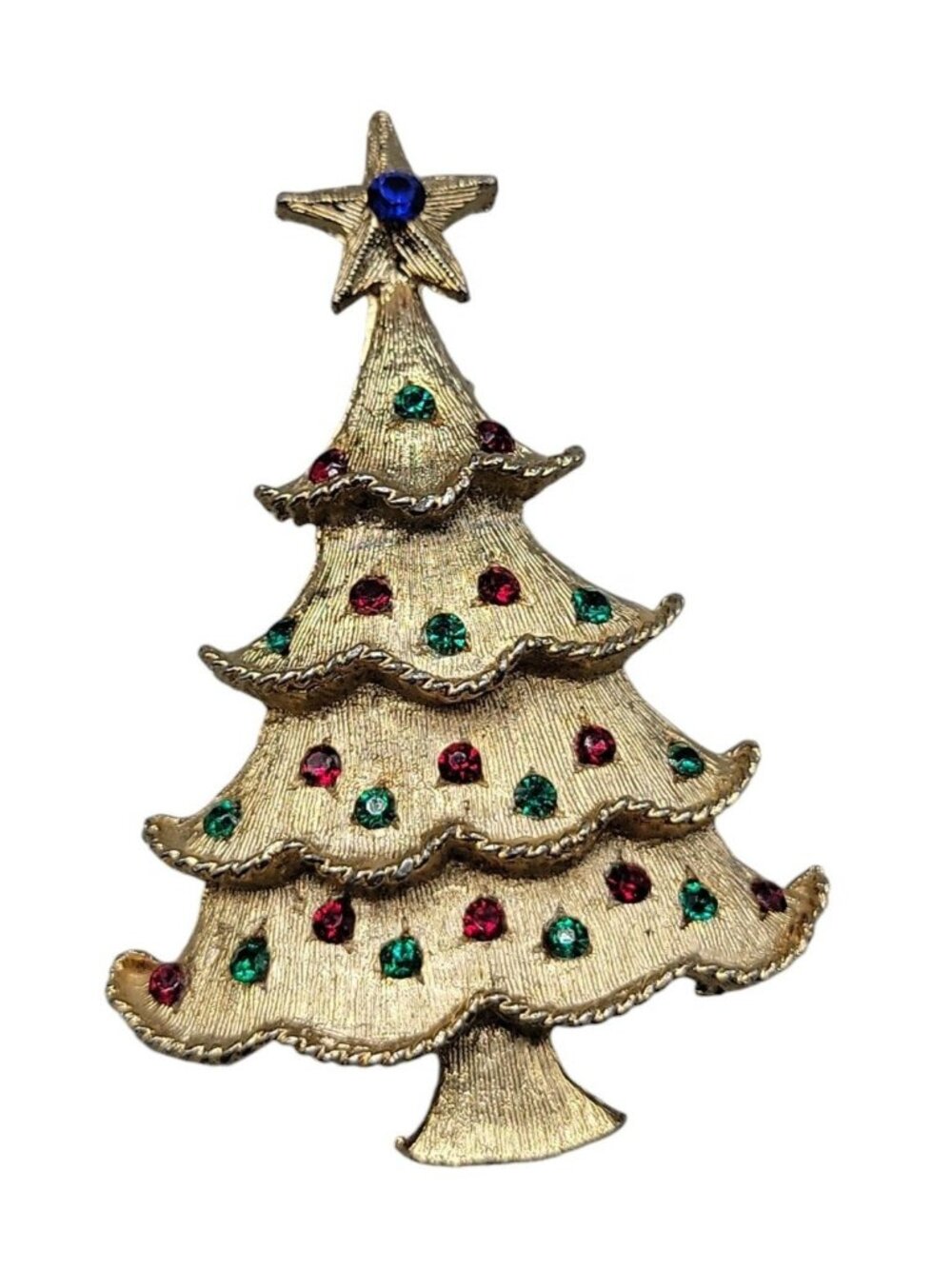 PIM Christmas Tree Brooch Colorful Multicolor Rhinestones Gold Tone Vintage